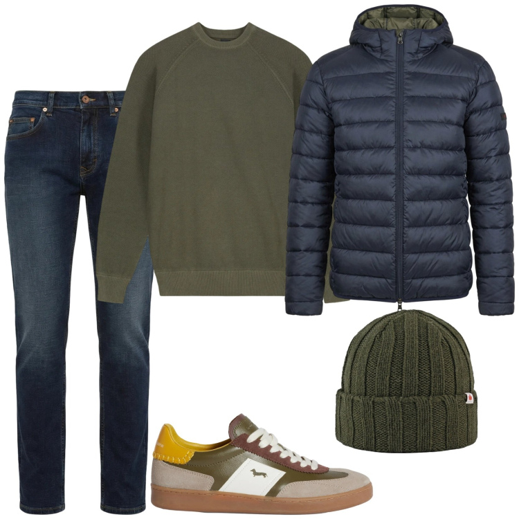 Outfit uomo - See the world in green and Blue. Stile Casual per Tutti i giorni. Abbinamento con sneakers, jeans, cappelli, giacche, maglieria.