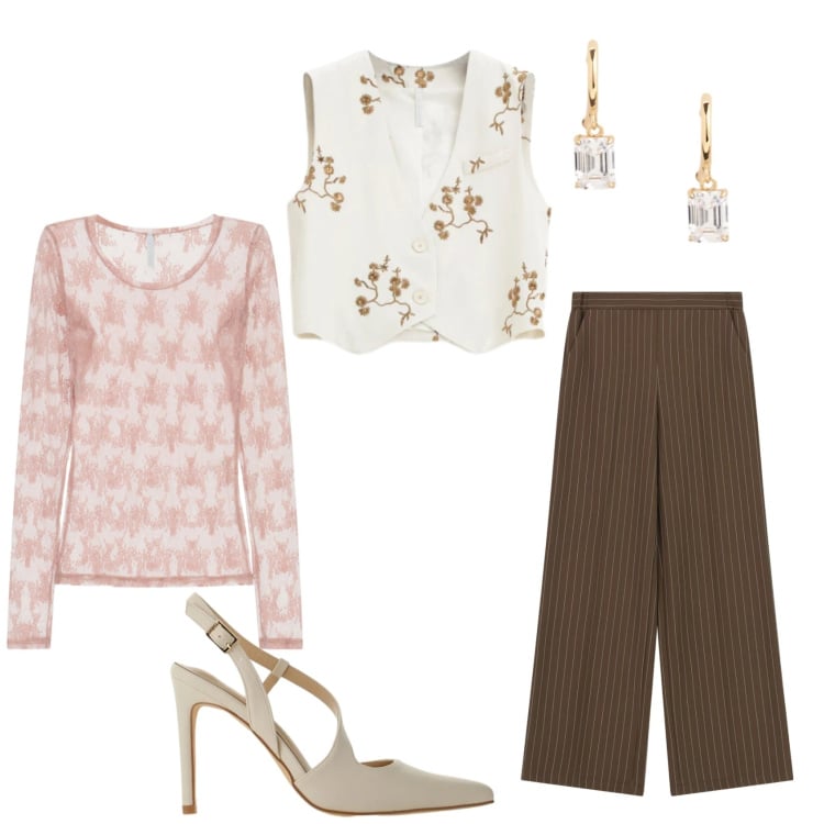 Outfit donna - Total look #2371745. Stile Casual chic per Tutti i giorni. Abbinamento con bluse, gilet, pantaloni a palazzo, décolleté, orecchini.