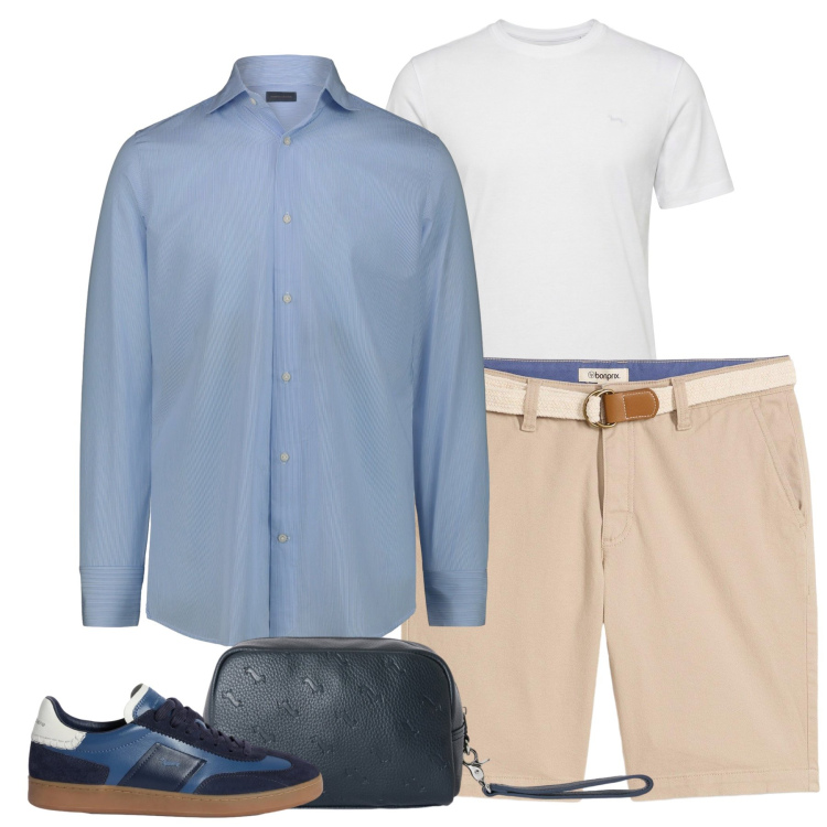 Outfit uomo - Eleganza Estiva in Blu e Sabbia. Stile Urban per Tutti i giorni. Abbinamento con bermuda, t-shirt, borse sportive, sneakers, camicie.