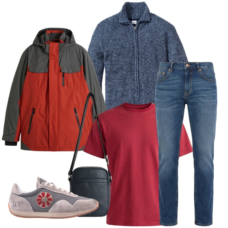 Outfit uomo - Urban Tech in Rosso e Navy. Stile Casual per Tutti i giorni. Abbinamento con giacche, cardigans, t-shirt, borse sportive, jeans, sneakers.