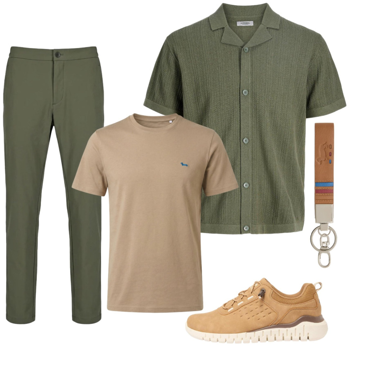 Outfit uomo - Natural Textures. Stile Urban per Tutti i giorni. Abbinamento con camicie a manica corta, sneakers, portachiavi, t-shirt, pantaloni.