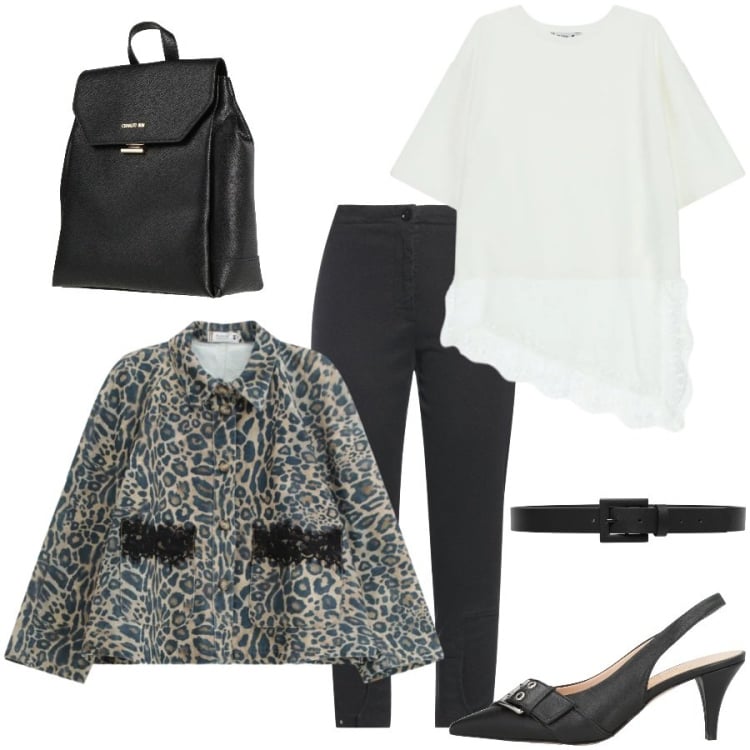 Outfit donna - Primavera trendy. Stile Trendy per Serata fuori. Abbinamento con jeans slim fit, zaini, décolleté, top, blazer, cinture.