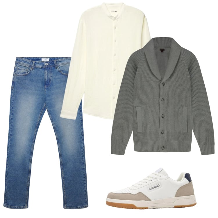 Outfit uomo - Marzo. Stile Casual per Tutti i giorni. Abbinamento con sneakers, jeans dritti, cardigans, camicie.