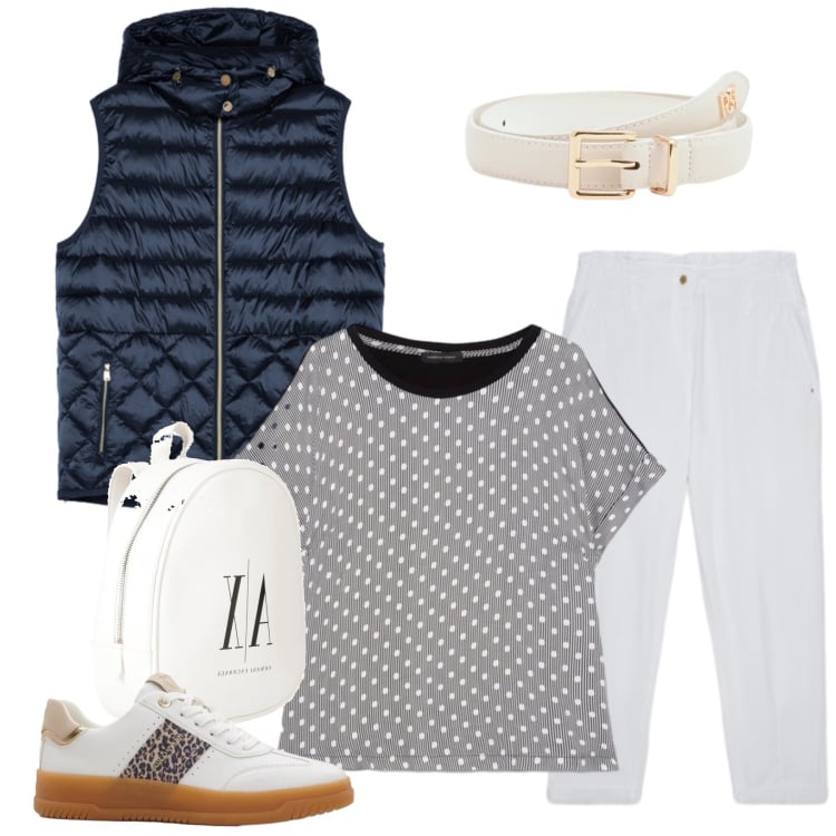 Outfit donna - Dynamic Polka. Stile Glamour per Tutti i giorni. Abbinamento con zaini, sneakers, bluse, pantaloni, piumini, cinture.