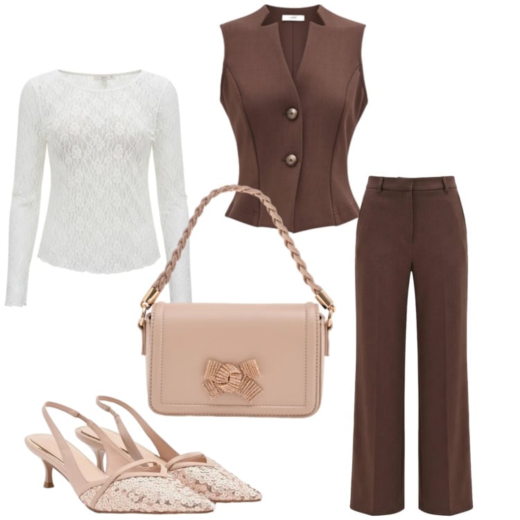 Outfit donna - Total look #2371759. Stile Chic per Serata fuori. Abbinamento con pochette, gilet, bluse, pantaloni, décolleté.