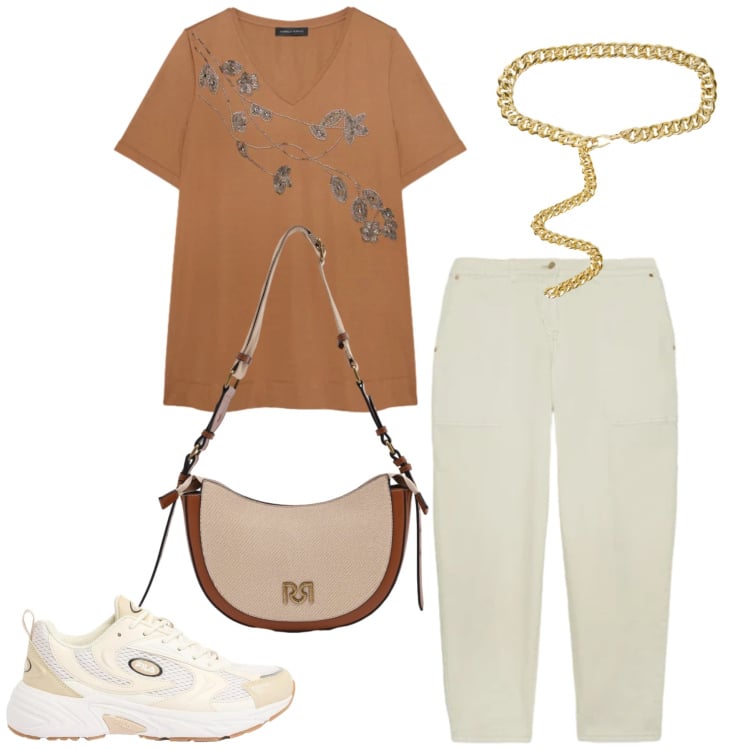 Outfit donna - Raffinatezza Quotidiana. Stile Boho per Tutti i giorni. Abbinamento con sneakers, pantaloni, t-shirt, cinture, borse a tracolla.