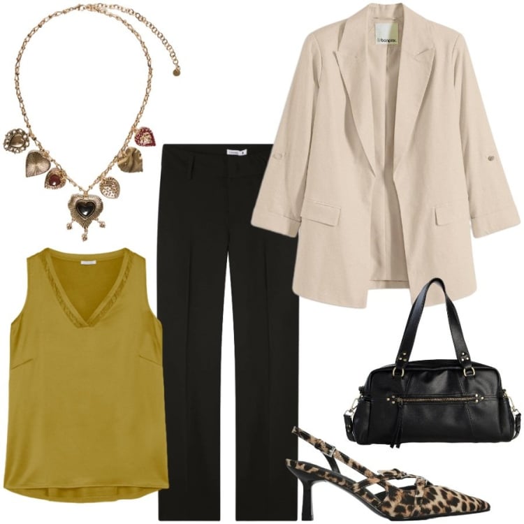 Outfit donna - Total look #2371763. Stile Etnico per Tutti i giorni. Abbinamento con borse a mano, blazer, collane, top, pantaloni, décolleté.