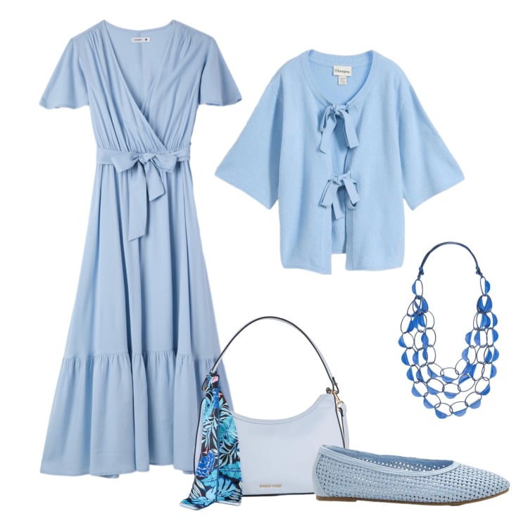 Outfit donna - Evento informale azzurro. Stile Romantica per Cerimonia. Abbinamento con cardigans, ballerine, borse a mano, collane, vestiti lunghi.