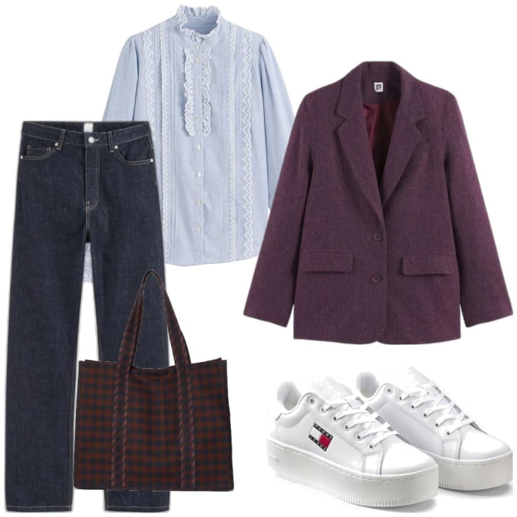 Outfit mujer - A la oficina. Estilo Casual chic para Oficina. look ideal para Tall/Alta. Combinación con blusas, blazers, vaqueros rectos, sneakers, bolso tote.