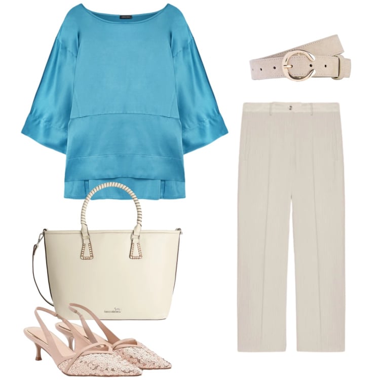 Outfit donna - Azure Silk. Stile Casual chic per Tutti i giorni. Abbinamento con cinture, pantaloni, bluse, shopping bag, décolleté.