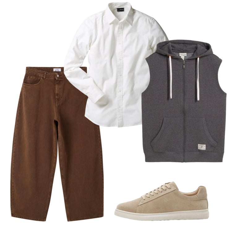 Outfit uomo - Marzo. Stile Casual per Tutti i giorni. Abbinamento con camicie, sneakers, gilet, jeans dritti.