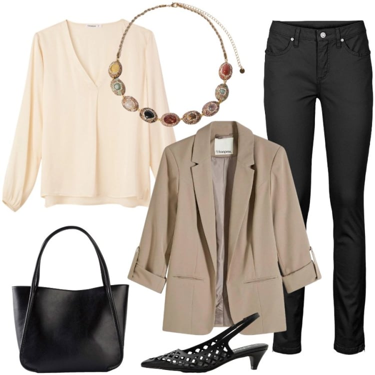 Outfit donna - Total look #2371770. Stile Casual chic per Ufficio. Abbinamento con jeans skinny, blazer, décolleté, shopping bag, collane, bluse.