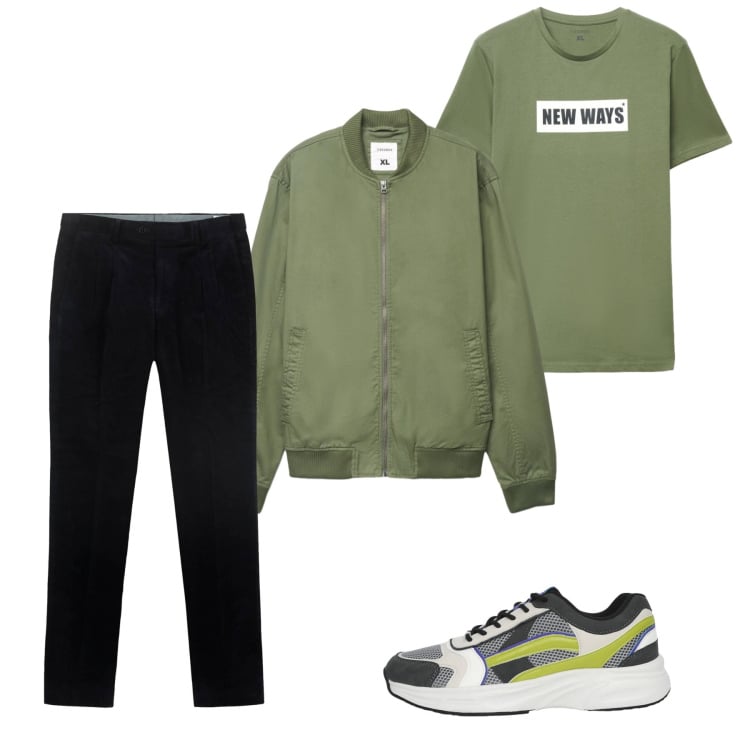 Outfit uomo - Primavera. Stile Casual per Tutti i giorni. Abbinamento con pantaloni, sneakers, bomber, t-shirt.