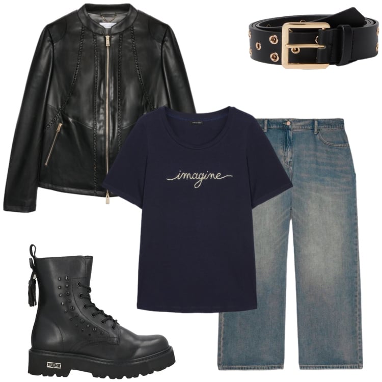 Outfit donna - Un Outfit Urban-Cool. Stile Rock per Tutti i giorni. Abbinamento con anfibi, jeans, cinture, giacche, t-shirt.