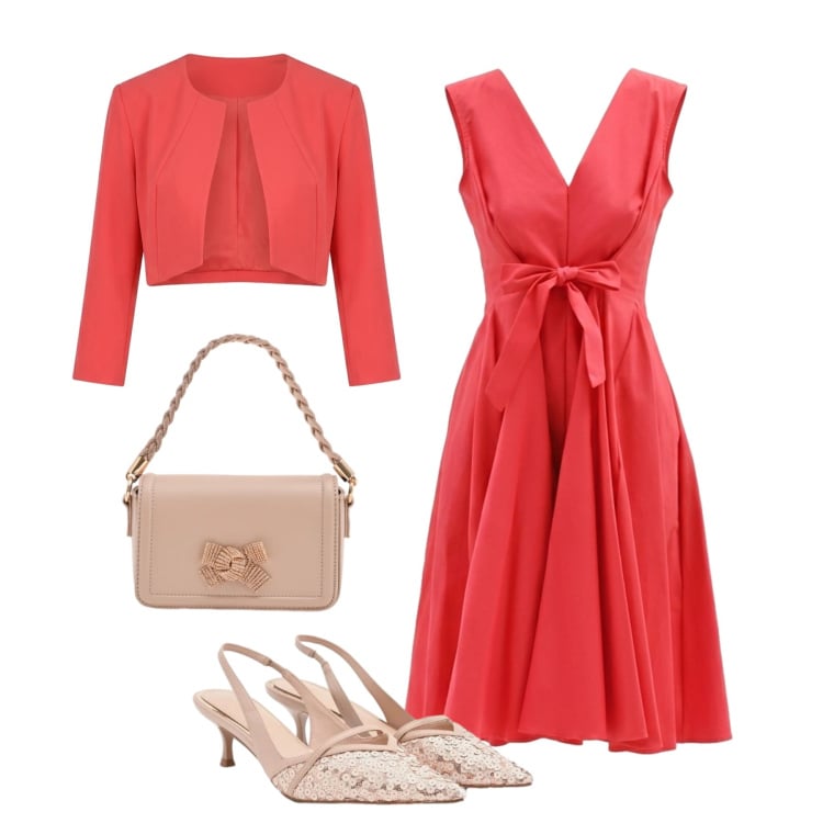 Outfit donna - Cerimonia fragola SS ‘26. Stile Chic per Cerimonia. Abbinamento con pochette, vestiti corti, décolleté, bolero.