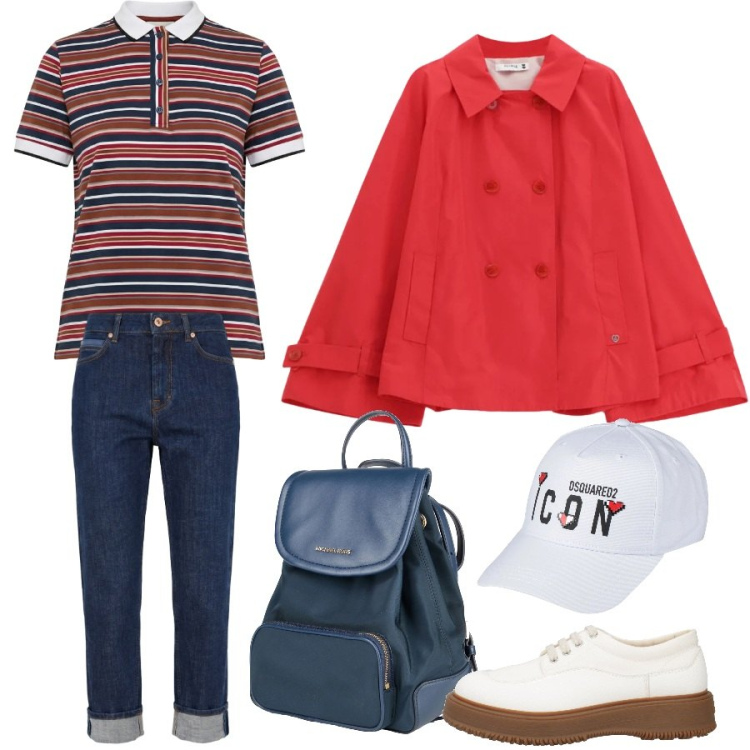Outfit donna - Passeggiata al mare. Stile Casual chic per Tutti i giorni. Abbinamento con zaini, cappelli con visiera, scarpe stringate, giacche, polo, jeans.
