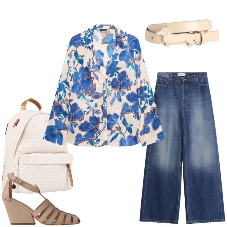 Outfit donna - Urbana Floreale. Stile Casual chic per Tutti i giorni. Abbinamento con zaini, décolleté, camicie, cinture, jeans.