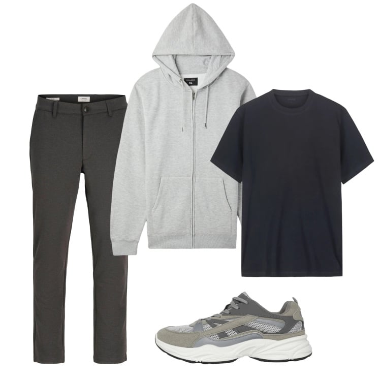 Outfit uomo - Primavera. Stile Casual per Tutti i giorni. Abbinamento con pantaloni chino, felpe con cappuccio, t-shirt, sneakers.