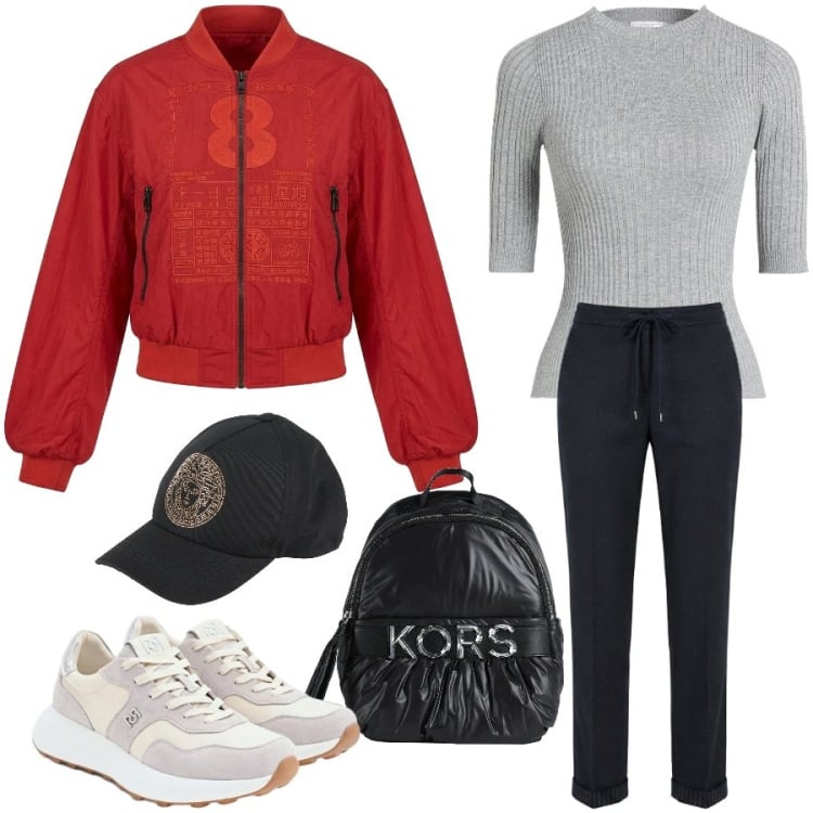 Outfit donna - Sporty chic. Stile Sporty chic per Tutti i giorni. Abbinamento con zaini, pullovers, cappelli con visiera, pantaloni, sneakers, bomber.
