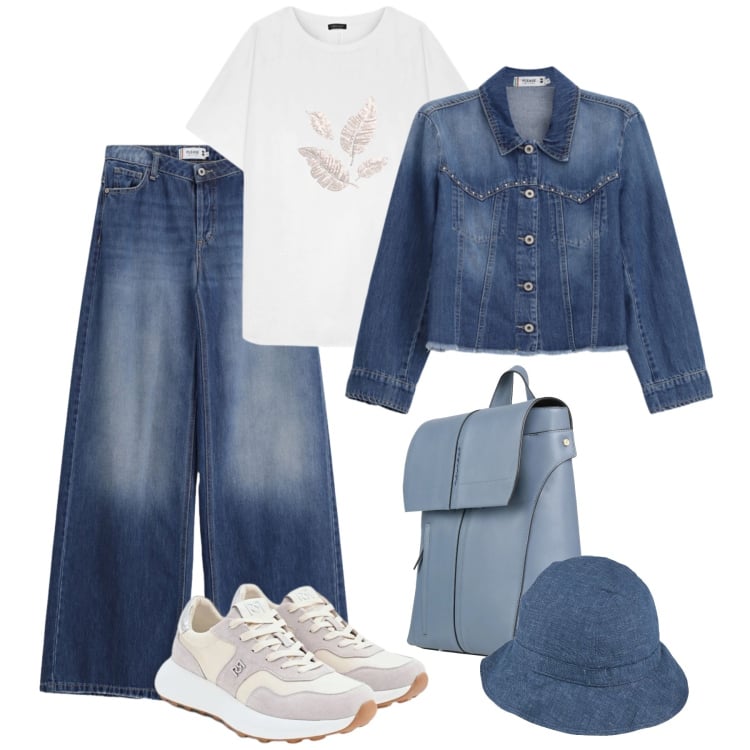 Outfit donna - Total look denim. Stile Urban per Tutti i giorni. Abbinamento con cappelli, zaini, t-shirt, jeans, blazer, sneakers.