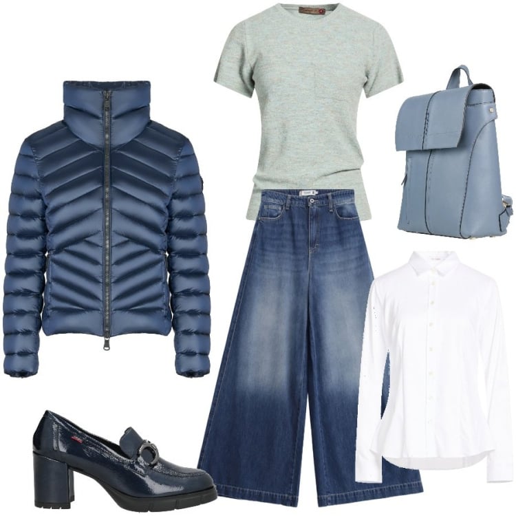 Outfit donna - Total look #2371794. Stile Casual chic per Tutti i giorni. Abbinamento con camicie, mocassini, zaini, pullovers, jeans, piumini.
