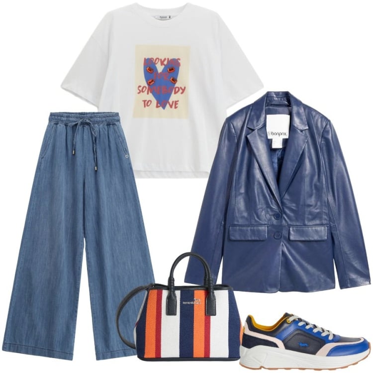 Outfit donna - Urban style. Stile Urban per Tutti i giorni. Abbinamento con blazer, shopping bag, sneakers, t-shirt, jeans.