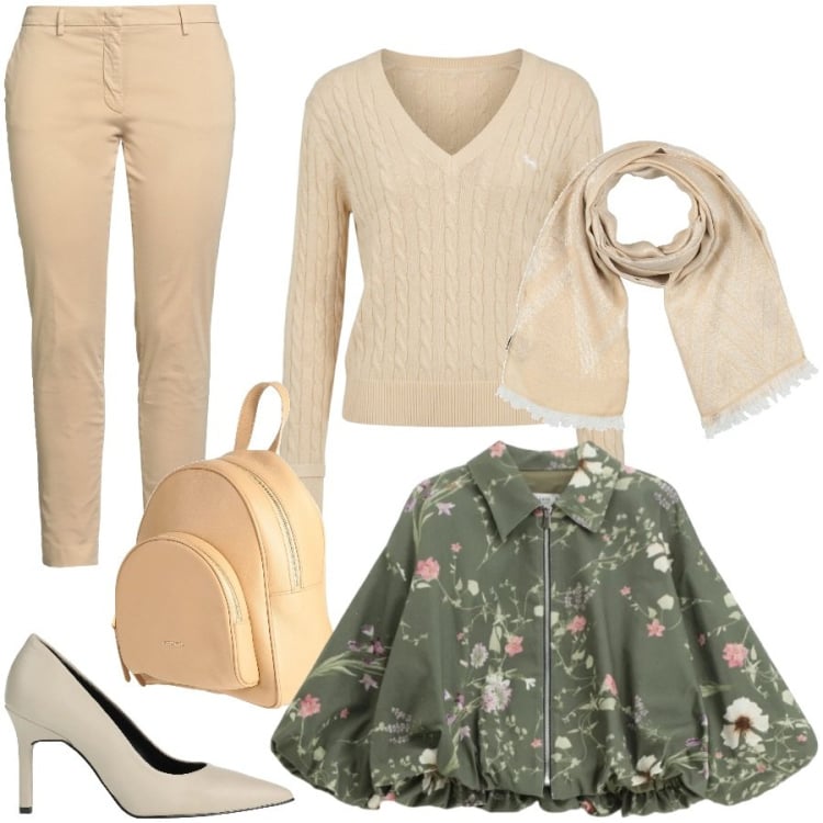 Outfit donna - Il bomber fiorito. Stile Trendy per Tutti i giorni. Abbinamento con décolleté, zaini, pantaloni, sciarpe, pullovers, bomber.