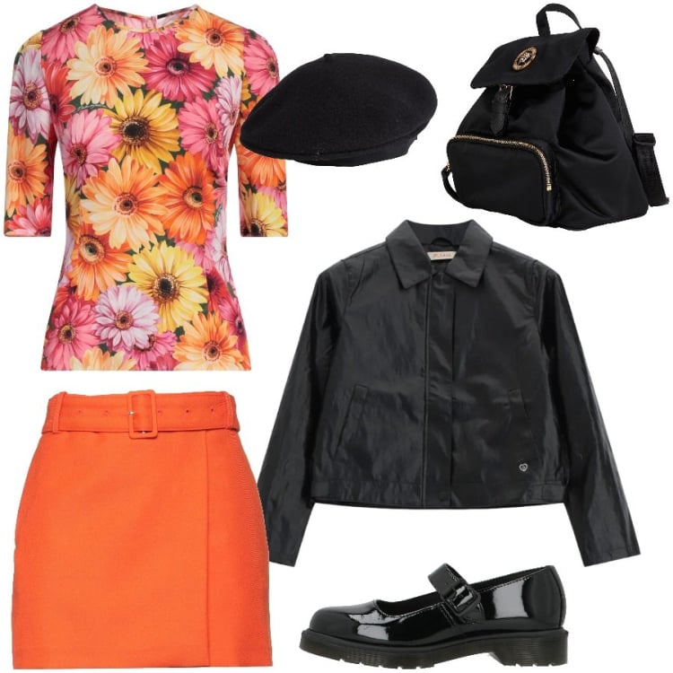 Outfit donna - Total look #2371798. Stile Preppy per Serata fuori. Abbinamento con zaini, minigonne, cappelli e berretti, décolleté, top, blazer.