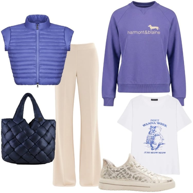 Outfit donna - Giorno libero. Stile Sporty chic per Tutti i giorni. Abbinamento con sneakers, t-shirt, felpe, pantaloni a palazzo, blazer, borse tote.