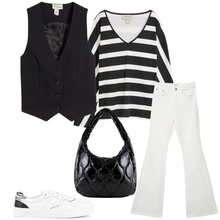 Outfit donna - Total look #2371800. Stile Casual per Tutti i giorni. Abbinamento con gilet, maglieria, borse tote, jeans a zampa, sneakers.