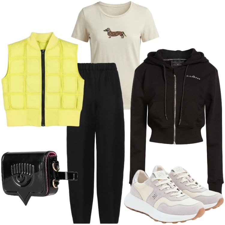 Outfit donna - Giallo vibrante. Stile Sporty chic per Tutti i giorni. Abbinamento con marsupi, felpe con cappuccio, pantaloni, t-shirt, sneakers, piumini.