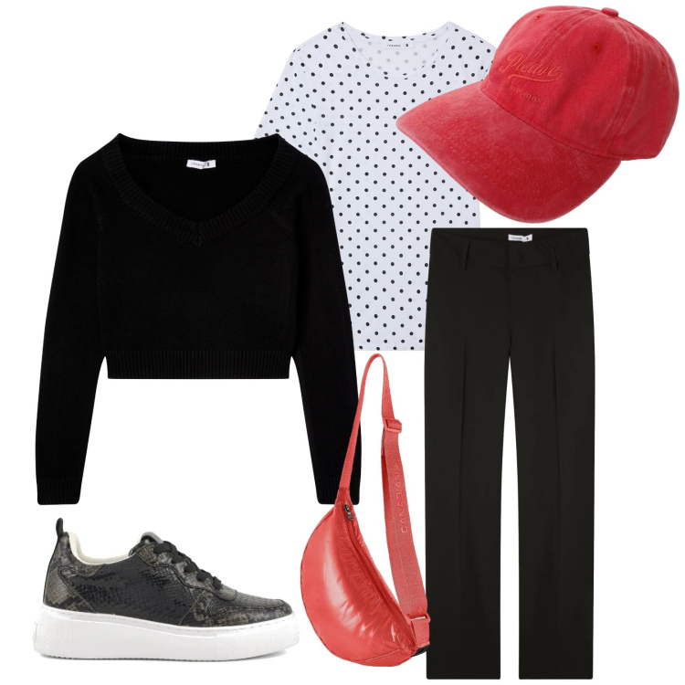 Outfit donna - Total look #2371804. Stile Casual per Tutti i giorni. Abbinamento con t-shirt, maglieria, pantaloni, cappelli, borse a tracolla, sneakers.