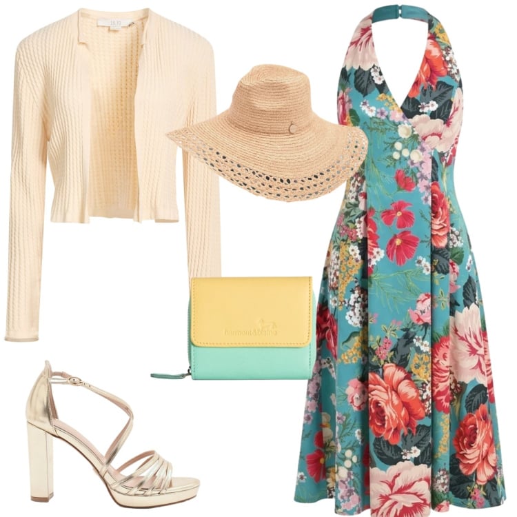 Outfit donna - L\'outfit con fiori rigogliosi. Stile Glamour per Serata fuori. Abbinamento con cardigans, portafogli, sandali col tacco, cappelli, vestiti midi/longuette.