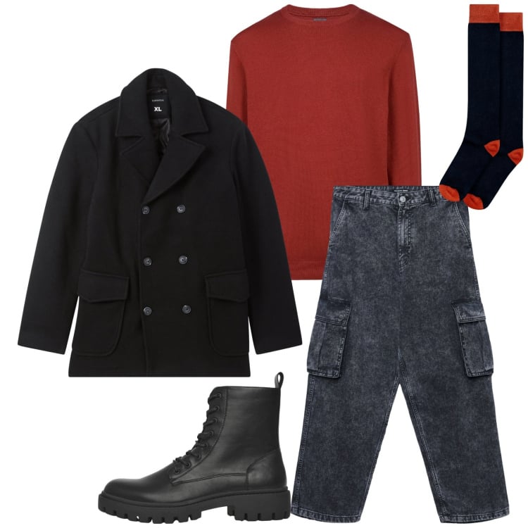 Outfit uomo - Total look #2371817. Stile Trendy per Serata speciale. Abbinamento con maglieria, anfibi, caban, jeans, calzini.