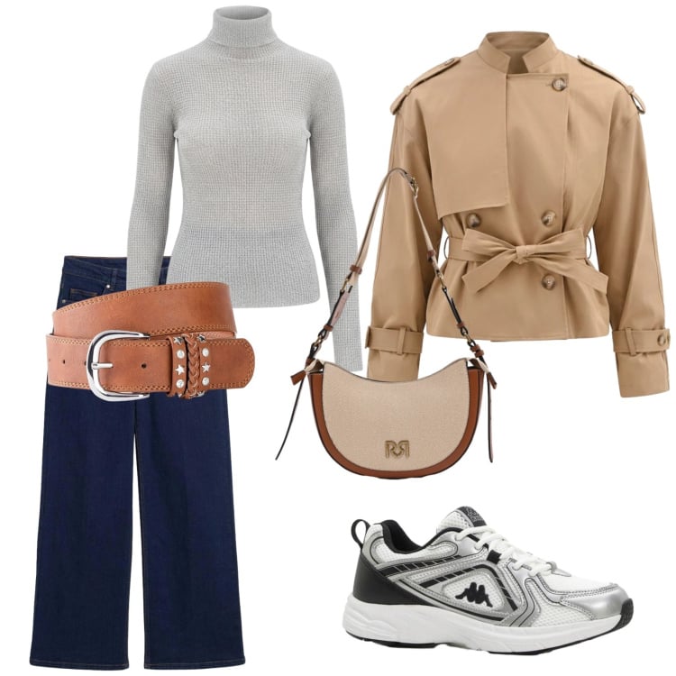 Outfit donna - Look casual da ufficio. Stile Casual per Ufficio. Abbinamento con cinture, jeans dritti, sneakers, borse a tracolla, maglieria, caban.