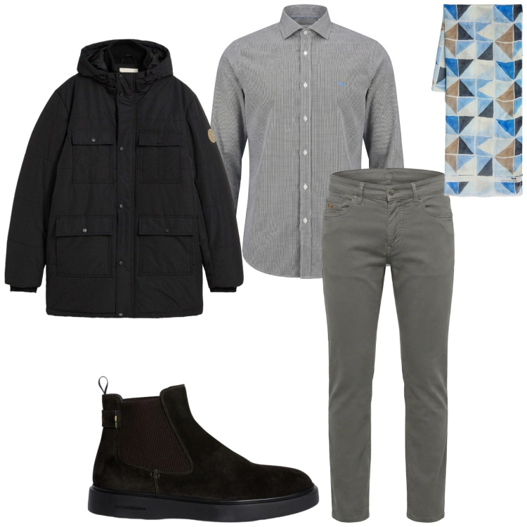 Outfit uomo - Total look #2371819. Stile Business/Elegante per Ufficio. Abbinamento con parka, sciarpe, pantaloni, stivali e stivaletti, camicie.