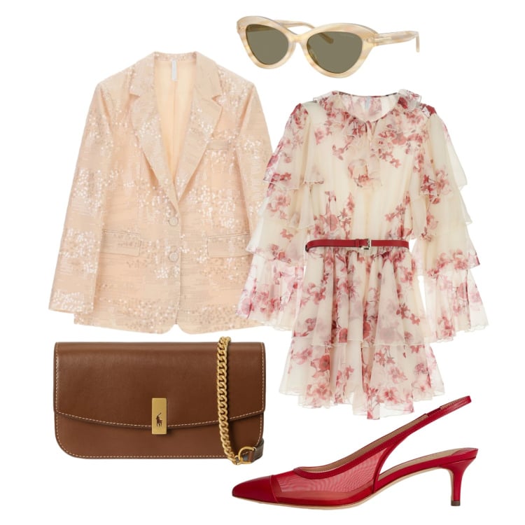 Outfit donna - Come un confetto. Stile Casual chic per Cerimonia. look ideale per Petite. Abbinamento con vestiti corti, blazer, occhiali da sole, clutch, décolleté.