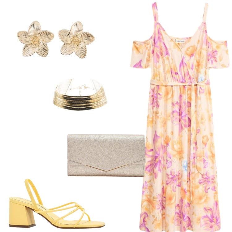 Outfit donna - L\'oro e il fucsia. Stile Trendy per Tutti i giorni. Abbinamento con sandali col tacco, orecchini, vestiti midi/longuette, clutch, braccialetti.