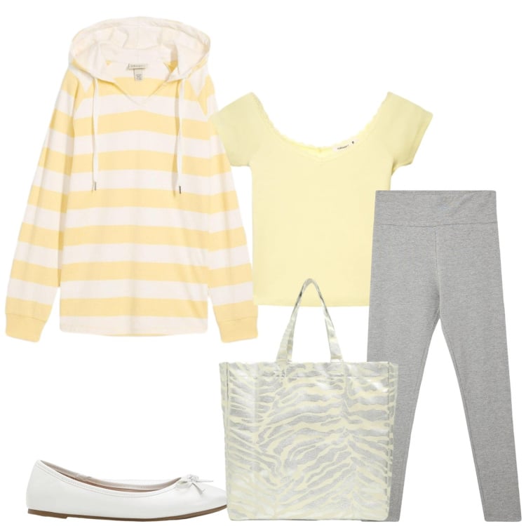 Outfit donna - Total look #2371826. Stile Casual per Tutti i giorni. Abbinamento con ballerine, felpe con cappuccio, leggings, shopping bag, t-shirt.