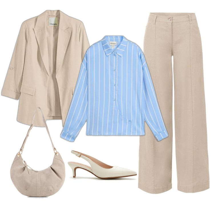 Outfit femme - Chemise bleue à rayures. Style Casual chic pour Bureau. Assortir avec pantalon large en bas, chemisiers, sacs en bandoulière, blazers, chaussures à talon.