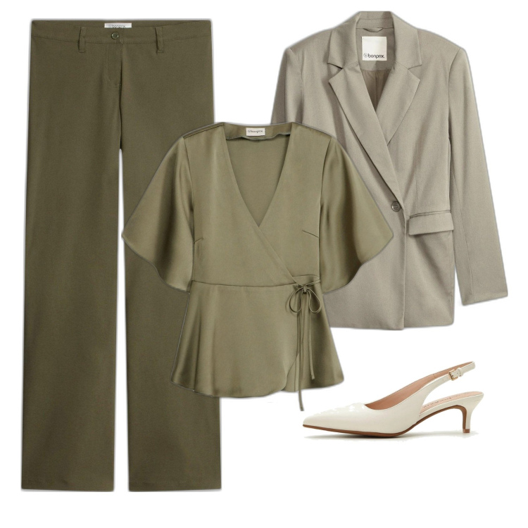 Outfit femme - Kaki Mood. Style Casual chic pour Tous les jours. Assortir avec tuniques, blazers, pantalon , chaussures à talon.