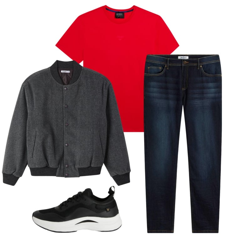 Outfit uomo - Total look #2371833. Stile Trendy per Tutti i giorni. Abbinamento con jeans slim fit, sneakers, t-shirt, bomber.
