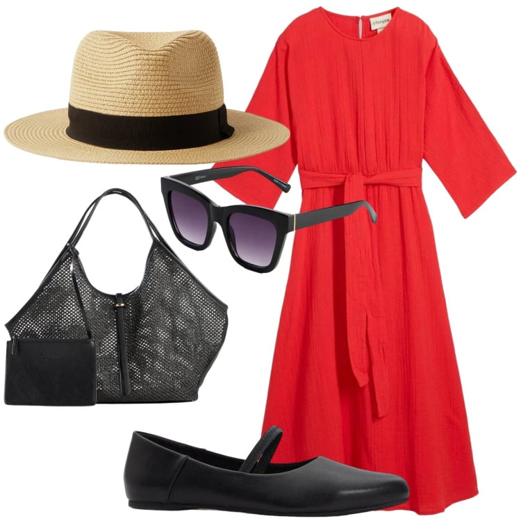 Outfit donna - Morbida in rosso. Stile Casual chic per Ufficio. Abbinamento con vestiti midi/longuette, ballerine, shopping bag, occhiali da sole, cappelli.