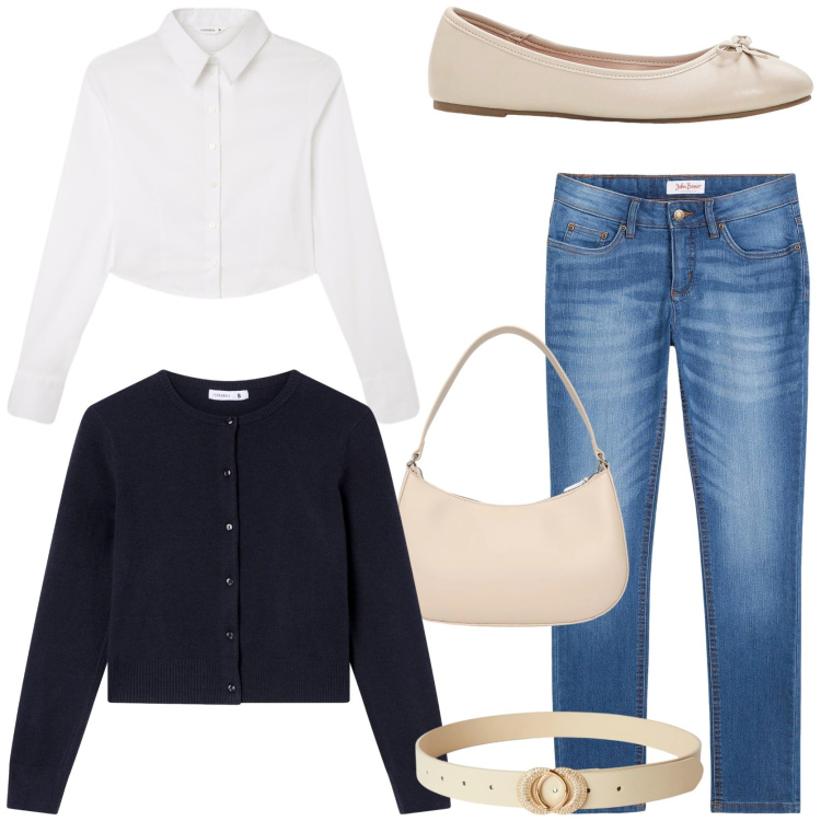 Outfit donna - Basic. Stile Casual per Tutti i giorni. Abbinamento con jeans skinny, ballerine, cardigans, cinture, camicie, borse a tracolla.