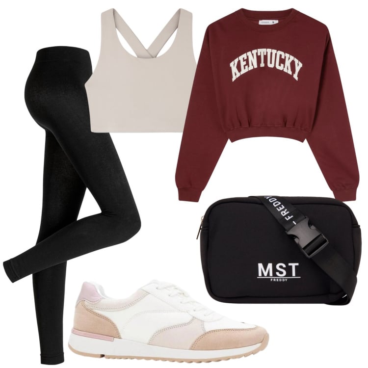 Outfit donna - College Vibes Minimal. Stile Sporty chic per Sport. Abbinamento con leggings, sneakers, sneakers, borse sportive, top sportivi, felpe.