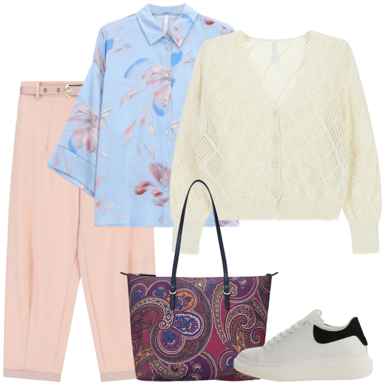 Outfit donna - Aprile. Stile Casual per Tutti i giorni. Abbinamento con camicie, pantaloni, cardigans, sneakers, borse tote.