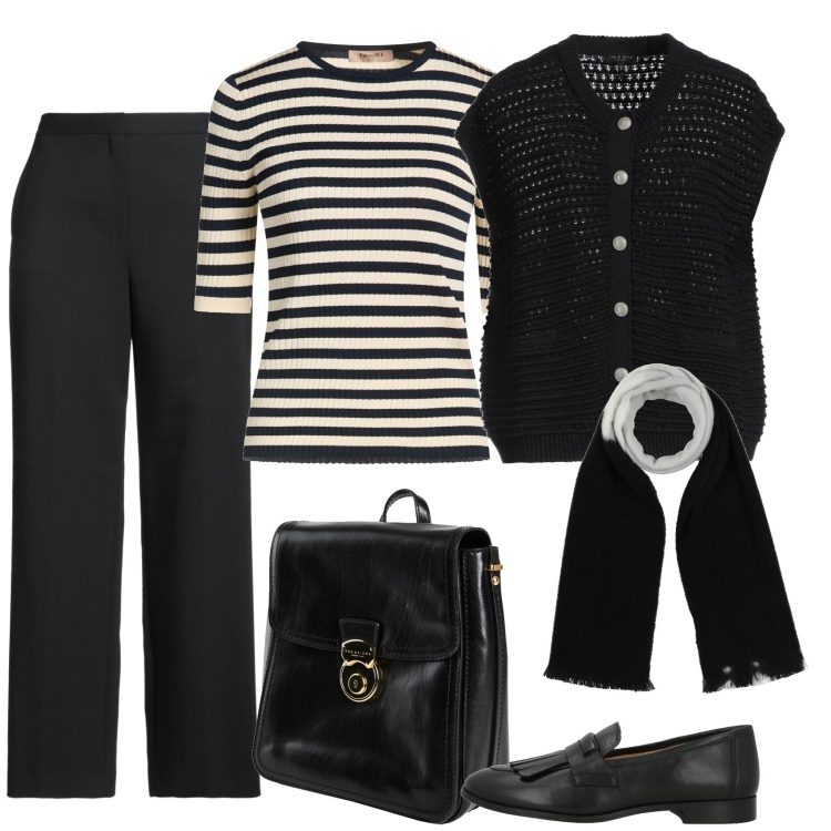 Outfit donna - La maglietta a righe. Stile Mannish per Ufficio. Abbinamento con pullovers, zaini, pantaloni, sciarpe, cardigans, mocassini.