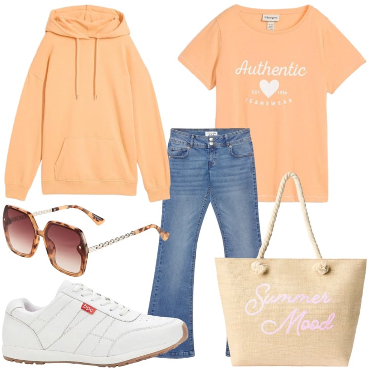 Outfit donna - Total casual. Stile Casual per Tutti i giorni. Abbinamento con sneakers, occhiali da sole, felpe con cappuccio, t-shirt, borse tote, jeans a zampa.