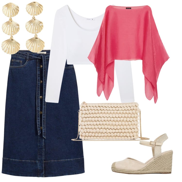 Outfit donna - Festa di primavera. per Cerimonia. Abbinamento con gonne longuette, borse a tracolla, orecchini, t-shirt, zeppe, bolero.