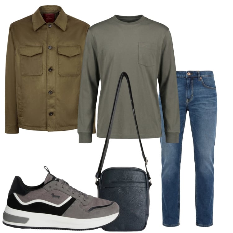 Outfit uomo - Total look per la giornata. Stile Casual per Tutti i giorni. Abbinamento con borse sportive, t-shirt, sneakers, jeans, giacche.